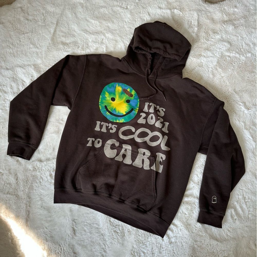 Lonely Ghost It’s 2021 It’s Cool to Care brown hoodie with tie-dye smiley face